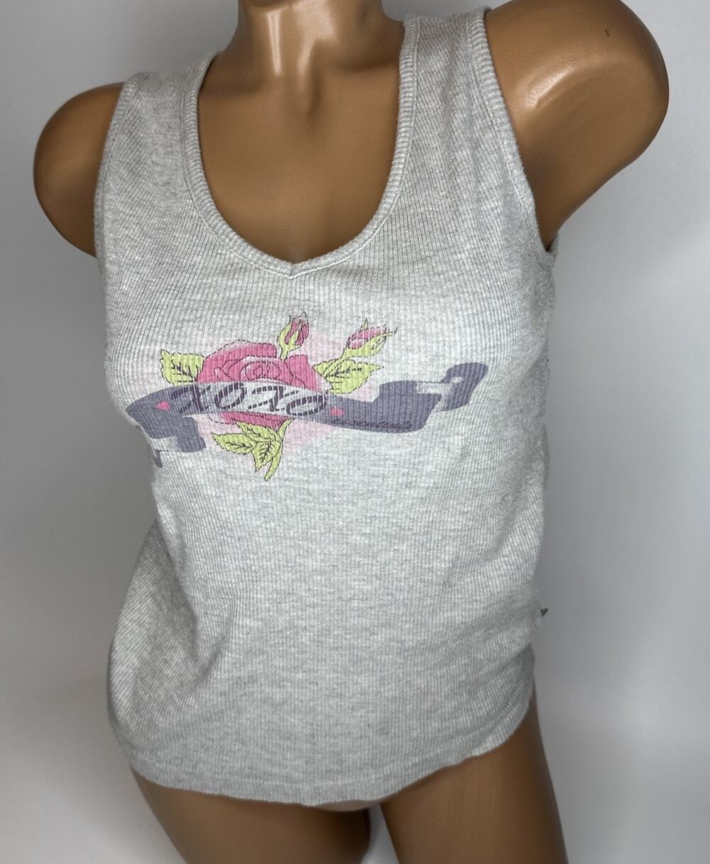 XOXO Essentials Gray Medium Ribbed Rose Graphic Tank Top Gray Pink Soft Girl Y2K